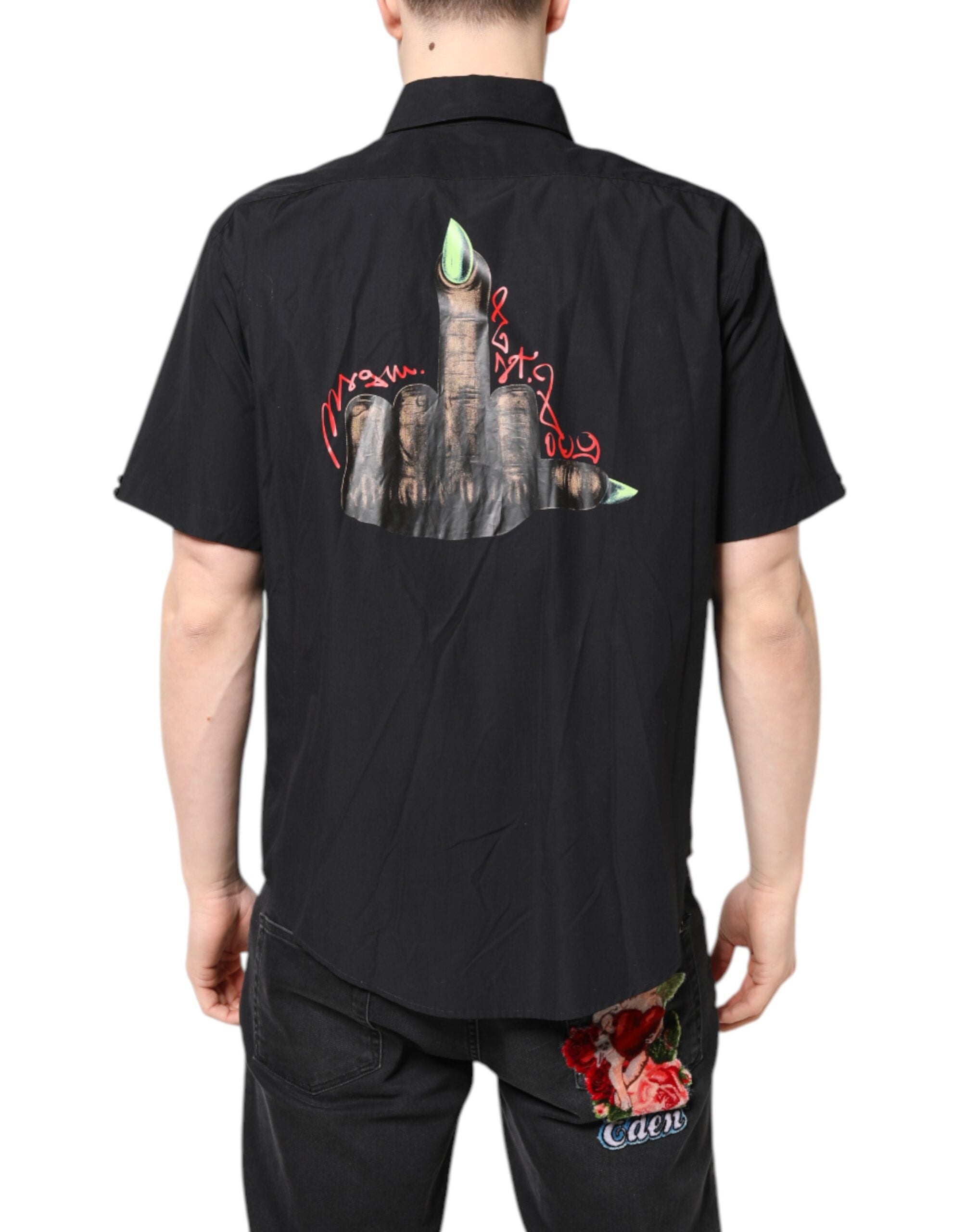 MSGM Black Printed Short Sleeve Collar Shirt Men's Casual Shirt